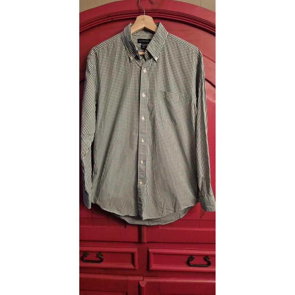 NWOT Lands End M 15-15.5 Tailored Fit Green Gingham Check One Pocket